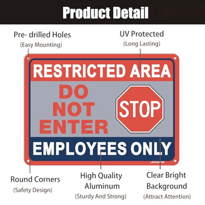 2 Pack Restricted Area Sign Employees Only Stop Do Not Enter Signs,10×7 Inches Metal Sturdy Free Rust Aluminum Sign,Weatherproof,Outdoor Use,Easy to Install