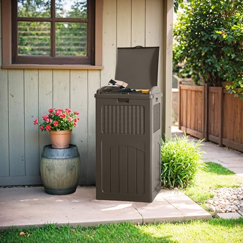 Flamaker 30 Gallon Trash Can, Resin Outdoor Garbage Can with Lid - color: Deep Brown, size: 1 Pack