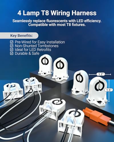 Sunco T8 Non-Shunted Tombstones for LED Fluorescent Tube Replacements, Wiring Harness (8 Sockets), Holds Hybrid and Type B Tubes T8 Sockets 4 Pack