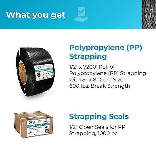 IDL Packaging Refill for 1/2" HD Polypropylene (PP) Strapping - 1/2" x 7200' Roll, 8" x 8" Core, 1000 Open Seals - size: 8" x 8" Core Coil + 1000 Seals, style: 600 lbs Break Strength
