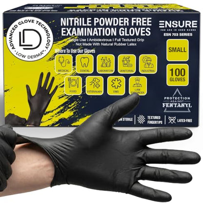 Ensure Black Nitrile Gloves Heavy-Duty Texture Grip Low Derma Patented - size: Small