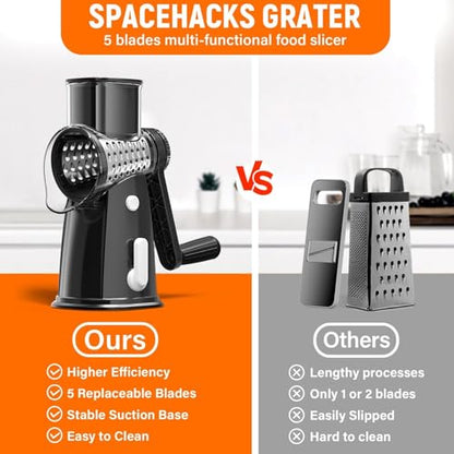 Rotary Cheese Grater Hand Crank, 5-in-1 Vegetable Chopper Spiralizer Slicer - color: Black