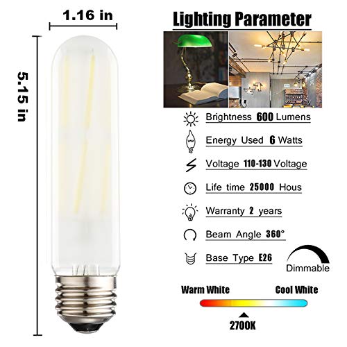 T10 Frosted LED Bulbs Warm White 2700K,Dimmable 6W LED Tubular Edison Bulbs 60 Watt Equivalent,600LM, E26 Medium Base Lamp Bulb for Desk Lamp, Pendant Lights. (3-Pack) - color: Frost-6w-2700k-3p