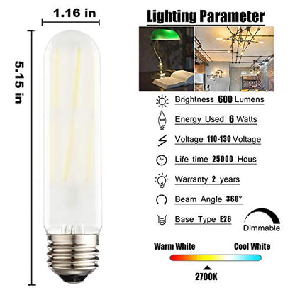 T10 Frosted LED Bulbs Warm White 2700K,Dimmable 6W LED Tubular Edison Bulbs 60 Watt Equivalent,600LM, E26 Medium Base Lamp Bulb for Desk Lamp, Pendant Lights. (6-Pack) - color: Frost-6w-2700k-6p