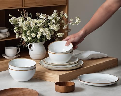 ONEMORE Plates and Bowls Set, Dinnerware Sets for 4, Porcelain Kitchen Dishes Set 12pcs, Scratch Resistant, Modern Aesthetic Dishware Sets- Microwave & Dishwasher Oven Safe,Farmhouse Style Cream White - color: Cream White