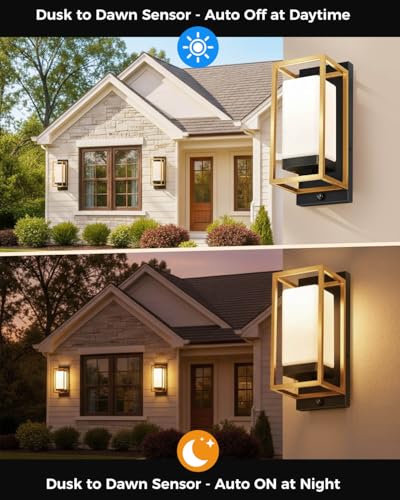 RAYVO Dusk to Dawn Outdoor Wall Lights 2 Pack, LED Bulb Included, E26 Base - color: Black Gold