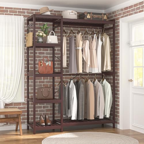 Homykic Bamboo Clothing Rack with 7 Adjustable Shelves, 2 Rods, Espresso - color: Espresso, size: II Medium