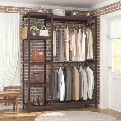 Homykic Bamboo Clothing Rack with 7 Adjustable Shelves, 2 Rods, Espresso - color: Espresso, size: II Medium
