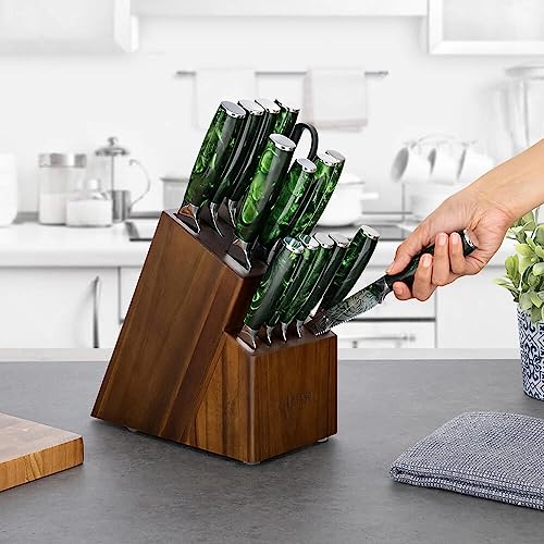 SENKEN Engraved Japanese Kitchen Knife Set with Beautiful Green Resin Wood Handles - Wasabi Collection - Chef's Knife, Bread, Cleaver, Paring, & More (16-Piece Knife Block Set) - size: 16-Piece Knife Block Set