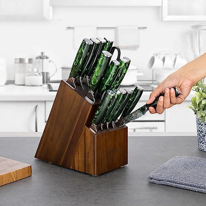 SENKEN Engraved Japanese Kitchen Knife Set with Beautiful Green Resin Wood Handles - Wasabi Collection - Chef's Knife, Bread, Cleaver, Paring, & More (16-Piece Knife Block Set) - size: 16-Piece Knife Block Set