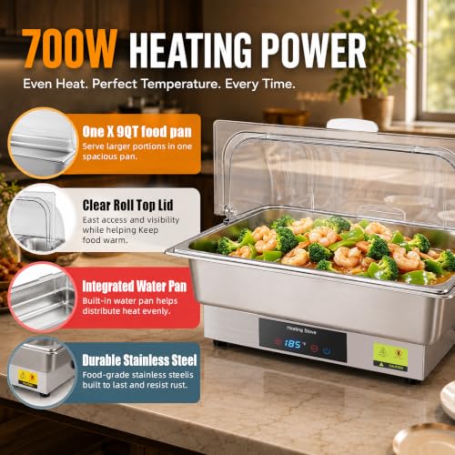 Electric Chafing Dish Buffet Server with Touch Control, 9QT Full Size Food Pan, Stainless Steel Roll Top Food Warmer for Catering Buffet - size: 608-Full Pan