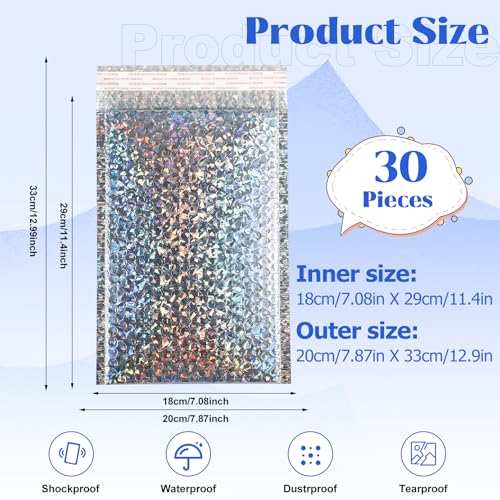 30 Pcs Holographic Bubble Mailers 11 X 7 Inch Metallic - color: Silver