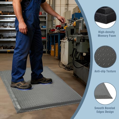 Anti Fatigue Mats Industrial 3' x 5' 15/16" Thick Ergonomic Standing Mat Commercial Heavy Duty Diamond Plate Shop Floor Mat Helps Relieve Back and Leg Soreness, Grey - size: 3' x 5'