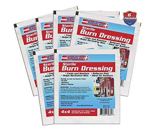 First Aid Burn Dressing,Hydrogel Burn & Wound Care Dressing Pads, Soothes & Protects All Burns, Cuts & Wounds, Contains Aloe Vera, Lidocaine Free, 4" x 4", Pack of 6,Red, White & Blue