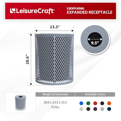 Leisure Craft 32 Gallon Commercial Outdoor Trash Can, Metal, Made in USA - color: Gray