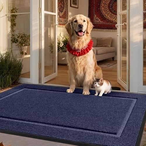 Large Front Door Mat Outside Entrance Indoor Doormat, 48" x 30" Outdoor Mats for Patio Waterproof, Outdoor Door Mats for Outside Entry, Indoor Rugs for Entryway, Sturdy Natural Rubber Entry Mat, Blue - color: Blue, size: 2'6" x 4' (Rectangular)