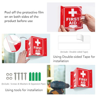 Faittoo First Aid Sign, 3 Pack First Aid with Cross Symbol - 6 x 8 Inches V-Shaped Acrylic Plastic, 4 Pre-Drilled Holes, Includes Matching Screws, Use for Home Office/Business - style: V-shaped 3 Pack
