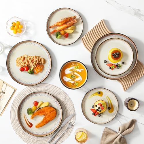 vancasso Plates and Bowls Sets, 24 Pieces Stoneware Dinnerware Sets for 8, Kitchen Dish Set Mircowave and Dishwasher Safe Ceramic Dishware, Light Cream, Series AMBER - color: Oyster White