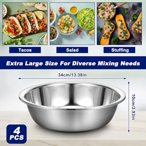 4 Packs Large Stainless Steel Mixing Bowl, 8 Quart Metal Mixing Bowls Prep Bowls,Extra Large Basin Salad Basin Deeper Edge Dishwasher Safe Mirror Finish for Home and Commercial | 13 Inch