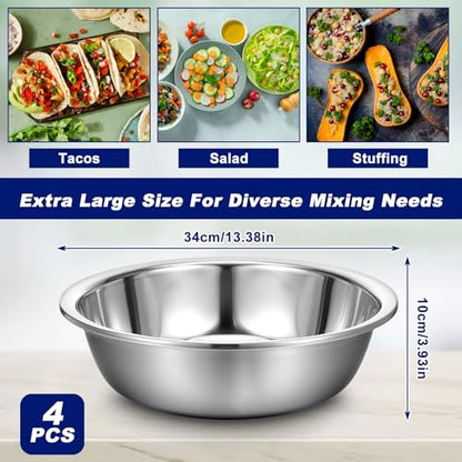 4 Packs Large Stainless Steel Mixing Bowl, 8 Quart Metal Mixing Bowls Prep Bowls,Extra Large Basin Salad Basin Deeper Edge Dishwasher Safe Mirror Finish for Home and Commercial | 13 Inch
