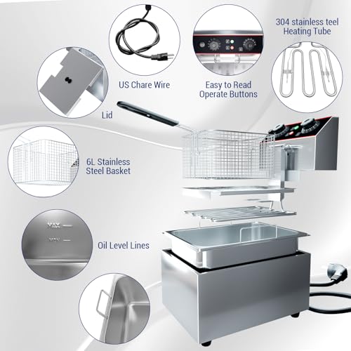 Commercial Deep Fryer with Basket, 12L Electricity Countertop Fryer Stainless Steel, 1800W Professional Food Fryer with Thermostat for Restaurant & Home, Large Capacity 12.7QT Oil Fryer, 120V - size: 11L single cylinder single screen