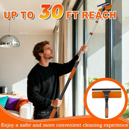 SISUPASSIE 36FT Reach 2-in-1 Window Squeegee, Professional Window Washing Kit with 7-30FT Extension Pole for Home, Indoor Outdoor Squeegee with Rotatable Head for High Windows - size: 30FT