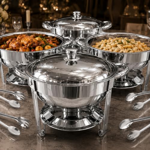 Chafing Dishes for Buffet, 4 Pack 7QT Round Silver, Pre-Assembled Stands - color: Silver