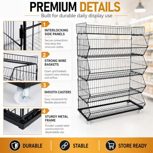 5 Tier Snack Rack Display Stand with Wheels, Rolling Retail Display Rack