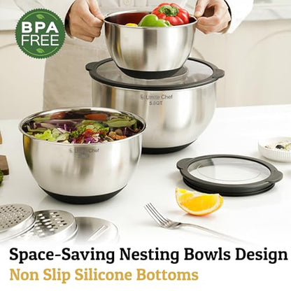 Mixing Bowls with Lids Set - Non-Slip, Airtight Warp-Proof TPR-AS Lids, Thicker Stainless Steel Bowls, Measurement Lines & 3 Graters, Prep Meal Bowl, Black Nesting Bowl for Kitchen, 5/3/2/1.5/0.63QT - color: Black