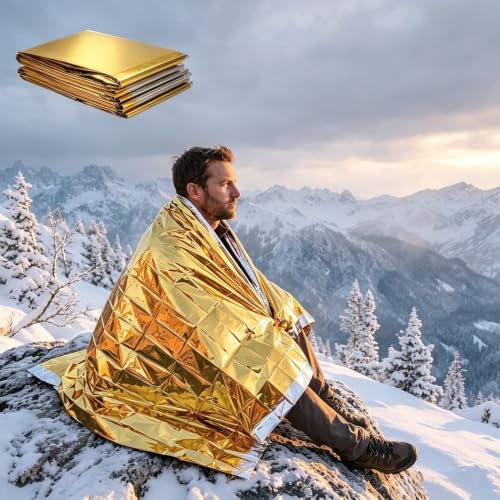160 X 210CM Gold Silver Double Sided Thermal Space Blanket, Waterproof Windproof Emergency Survival Mylar Blanket for Camping Hiking Outdoor