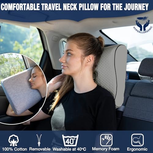 alkamto Travel & Camping Comfortable Memory Foam Pillow – Easy to Carry Portable Bag – Temperature Regulating Pillow Case - size: 13.7 x 11.8 x 3.9 / 3.14 In - Grey + Extra Cover