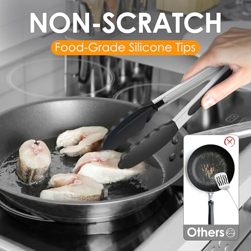 HOTEC Stainless Steel Kitchen Tongs with Silicone Tips, Set of 2-7" and 9" - color: Black:9+7inch