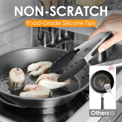 HOTEC Stainless Steel Kitchen Tongs with Silicone Tips, Set of 2-7" and 9" - color: Black:9+7inch