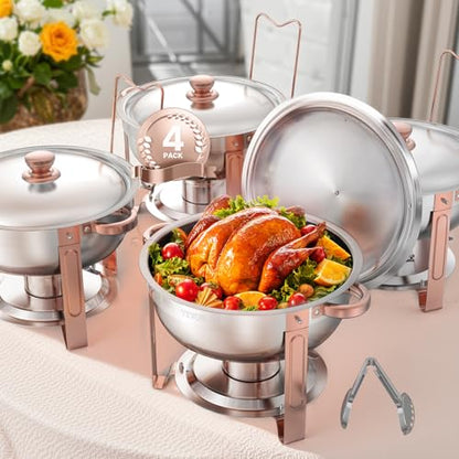 VEVOR Chafing Dish Buffet Set, 5 Qt 4 Pack, Stainless Steel Chafer with 4 Full Size Pans, Round Catering Warmer Server with Lid Water Pan Folding Stand Clip, for Weddings Parties Banquets, Rose Gold - size: 4packs Rose Gold