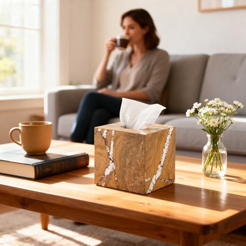Natural Marble Tissue Box Holder Dispenser Bathroom Bedroom Decor - color: Yellow