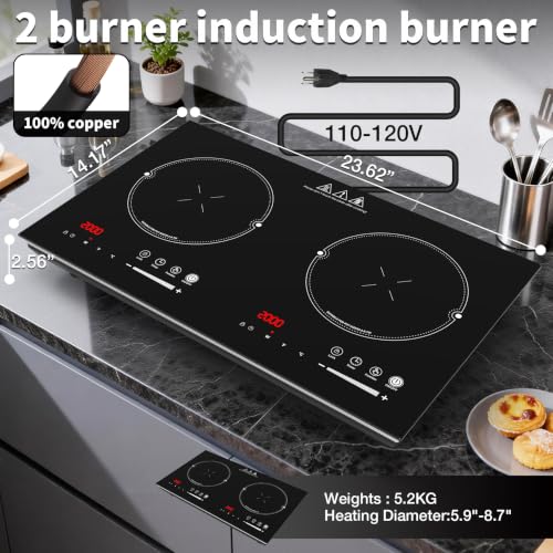 VBGK 2 burner induction cooktop,110V 4000W 2 burner induction stove top with Brushed Panel LED touch Control,8 Power Levels, Kids Lock & 4H Timer 2 burner hot plate - size: 2 Burner induction Cooktop