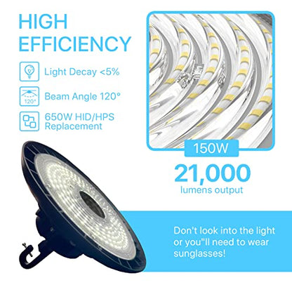 HYPERLITE 150W Smart High Bay LED Shop Lights 4pack, 140LM/W 5000K LED High Bay Lights with 1pack Remote Control & 4pack Motion Sensor, 120-277V High Bay LED Lighting for Garage Workshop Gym - size: 150W/4Pack