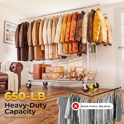 HOKEEPER Clothes Rack Heavy Duty Clothing Rack Load 650 LBS Collapsible Garment Rack with Wheels Double Rod Clothes Rack for Hanging Clothes Commercial Portable Closet Rack with Shelves 22"D*75"W*68"H - color: Chrome