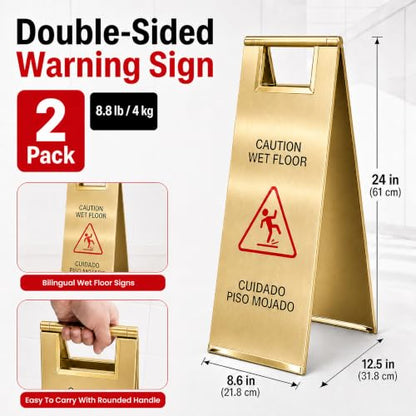 2 Pcs 24 Inch Stainless Steel Wet Floor Caution Sign Gold Bilingual - color: Gold