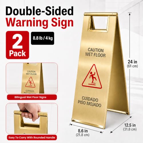 2 Pcs 24 Inch Stainless Steel Wet Floor Caution Sign Gold Bilingual - color: Gold