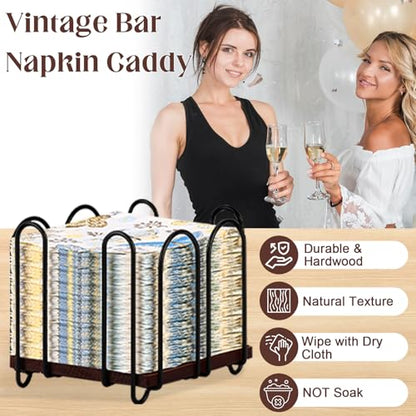 Square Metal Cocktail Napkin Holder 5x5 Wood Napkin Dispenser Black Flat Napkins Holder Brown Paper Napkins Storage Napkin Holder Caddy Deep Napkin Basket Napkin Organizer for Wedding Bar Party Table