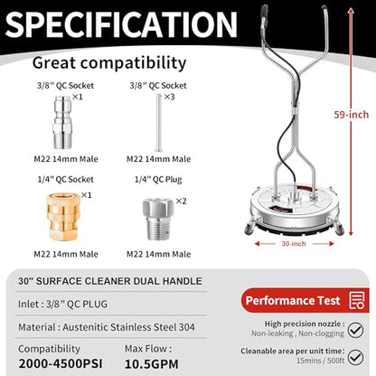 30" Pressure Washer Surface Cleaner with 4 Wheels - Stainless Steel Dual Handle Surface Cleaner for Pressure Washer Attachment for Concrete, Patio, Sidewalk, Deck and Driveways - size: 30 Inch Dual Handle