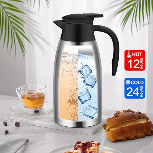 70oz Thermal Coffee Carafe Insulated Coffee Thermos,Stainless Steel Thermos Pitcher,Double Walled Vacuum Insulation Coffee Carafes For Keeping Hot,Tea Water Hot Beverage Dispenser - color: Silver