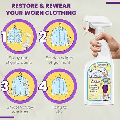Grandma's Secret Refresh N ReWear Spray - Instantly Removes Wrinkles & Odors - Wrinkle Release, Fabric Refresher Spray, Chlorine, Bleach and Toxin-Free - 16 Ounce, 3 Pack - size: 16.00 Fl Oz (Pack of 3), style: Refresh N Rewear