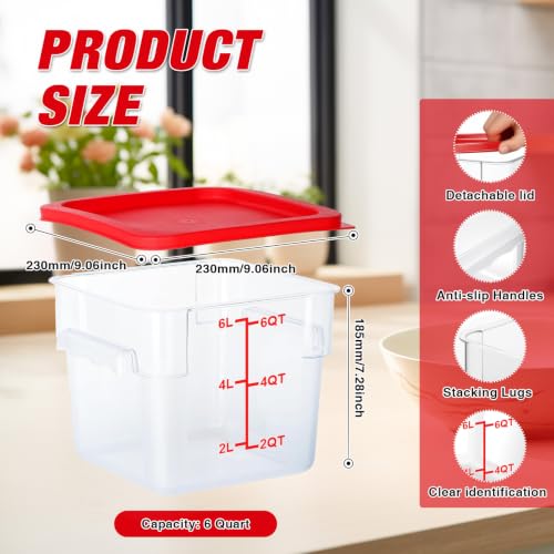 Square Storage Container with Lid, Commercial Box with Measurement Marks & Handle, for Baking, Dough Proofing, Meat Brining, Kitchen Tool (Red, 6QT-4PACK) - size: 6QT-4PACK