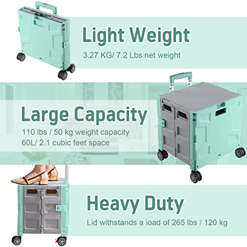 FELICON Folding Utility Cart Rolling Crate Handcart Basket Tote-Green+Gray - color: Green+gray, size: FW548-Hidden Lid