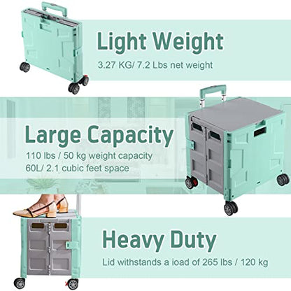 FELICON Folding Utility Cart Rolling Crate Handcart Basket Tote-Green+Gray - color: Green+gray, size: FW548-Hidden Lid