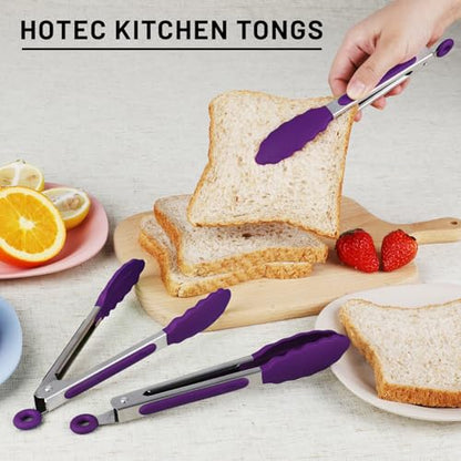 HOTEC Small Silicone Kitchen Tongs 7-Inch Mini Serving Tongs, Set of 3 - color: Purple