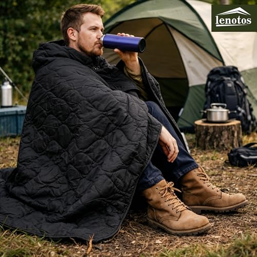 Lenotos Woobie Blanket, Thermal Insulated Military Poncho Liner, Water-Resistant, Portable, Insulation, for Hiking, Survival with Compression Carry Bag (Black) - color: Black