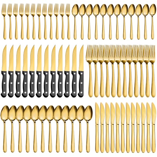 Pleafind 72Pcs Gold Silverware Set for 12 - Dishwasher Safe, Stainless Steel Cutlery Set with Steak Knives, Flatware Set, Include Forks Spoons and Knives Set, Utensil Sets for Home Restaurant - color: Gold, size: 72P